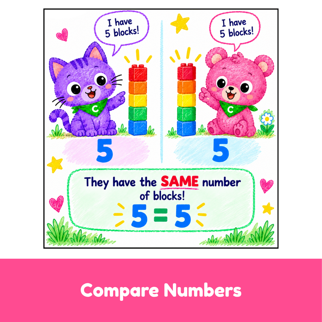 A colorful educational math poster titled 'Compare Numbers' showing a purple cat and a pink bear each stacking 5 blocks, with the text 'They have the SAME number of blocks!' and '5 = 5'.