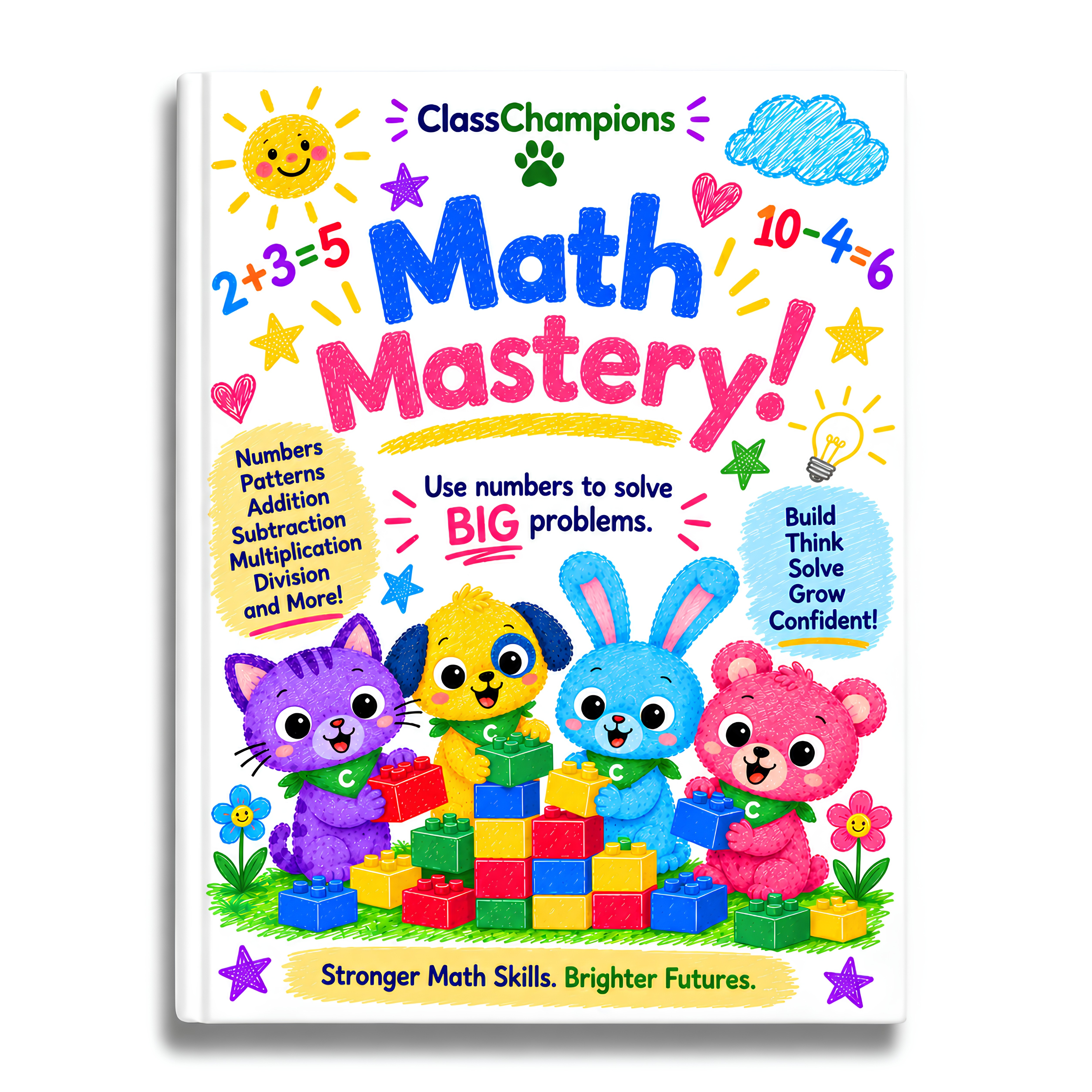 Math Mastery! Kids' math workbook by Class Champions, featuring a colorful cover with cartoon animals, math equations, and bright playful text on a white background.
