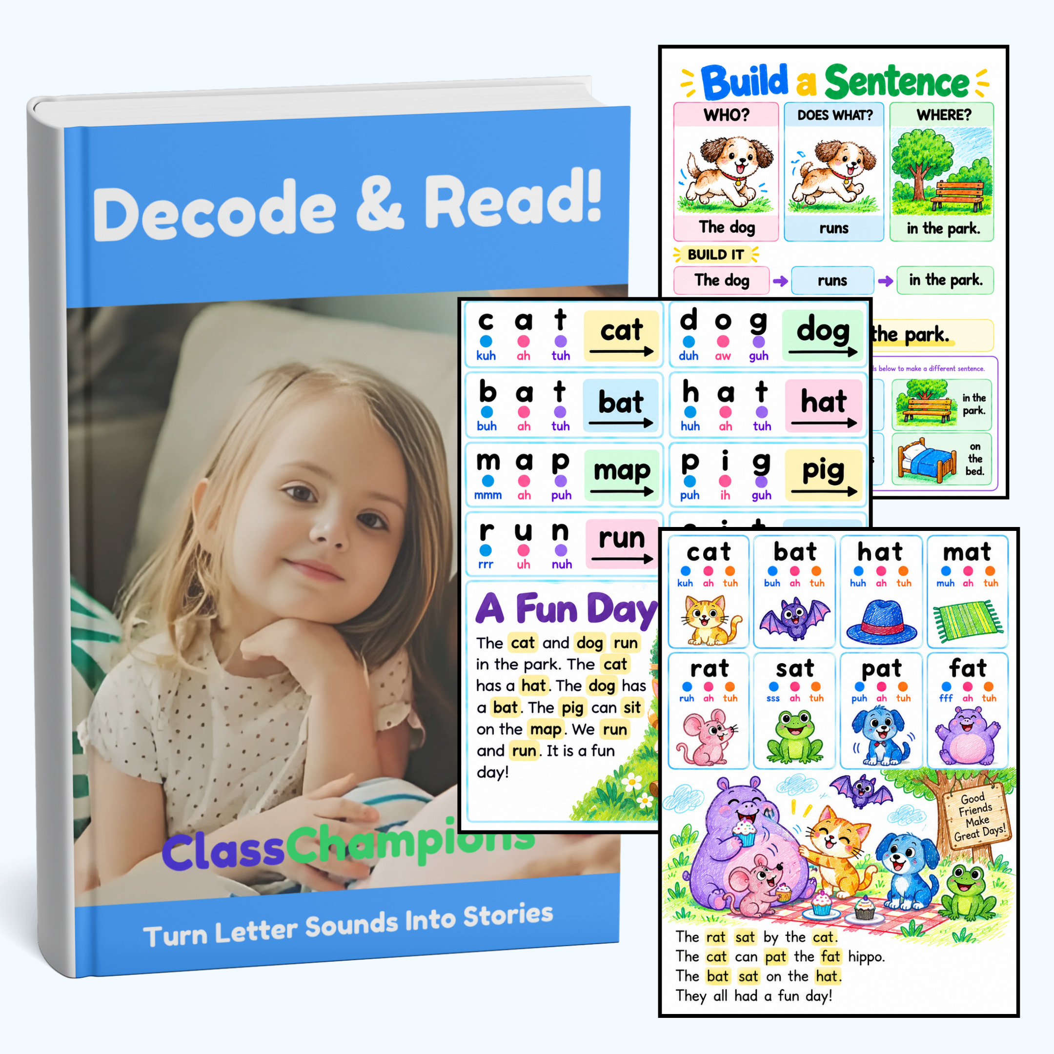 Decode & Read! educational book and matching word-building cards shown on a white background. The book cover features a child's portrait and blue title bands, while the cards display colorful letter-sound exercises and sentence-building activities.